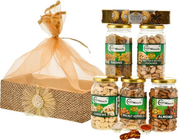NUTRI MIRACLE 1.1 KG Bhai Dooj Dry Fruits Gift Basket with 4 Ferrero Rocher and Roli, Moli, Chaval, Mishri (sugar candy) Wooden Gift Box