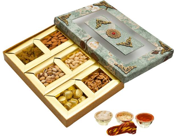 NUTRI MIRACLE 300 gm Bhai Dooj Dry Fruits Gift Box with Hand Made Chocolates and Roli, Moli, Chaval, Mishri (sugar candy) Wooden Gift Box