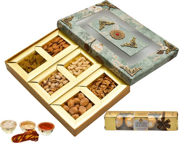 NUTRI MIRACLE 300 gm Bhai Dooj Dry Fruits Gift Box with Roli, Moli, Chaval, Mishri (sugar candy) Wooden Gift Box