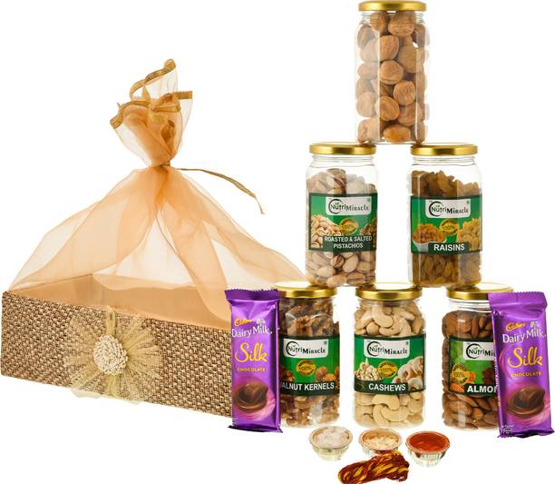 NUTRI MIRACLE 1.3 KG Bhai Dooj Dry Fruits Gift Basket with 2 Cadbury Silk and Roli, Moli, Chaval, Mishri (sugar candy) Wooden Gift Box