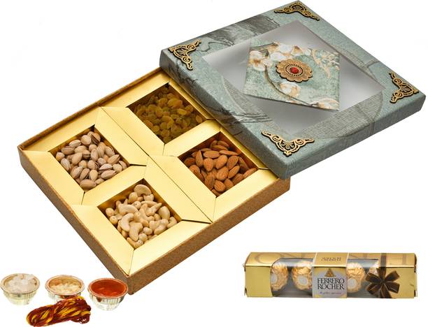 NUTRI MIRACLE 400 gm Bhai Dooj Dry Fruits Gift Box with Roli, Moli, Chaval, Mishri (sugar candy) Wooden Gift Box