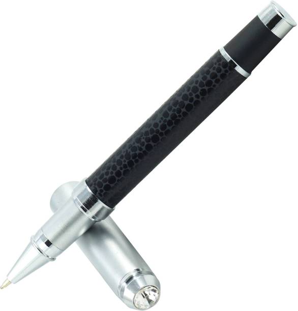 auteur Zen, Leather Finish, Black Color , Blue Ink , With Elegant Satin Crome Cap With Diamond Roller Ball Pen