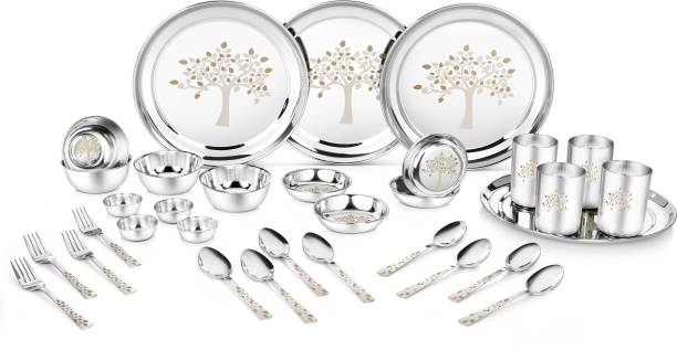 Classic Essentials Pack of 32 Stainless Steel Stainless Steel Vriksha Dinner set ,32-Pieces,Silver -Heavy Gauge with Permanent Laser Design Dinner Set