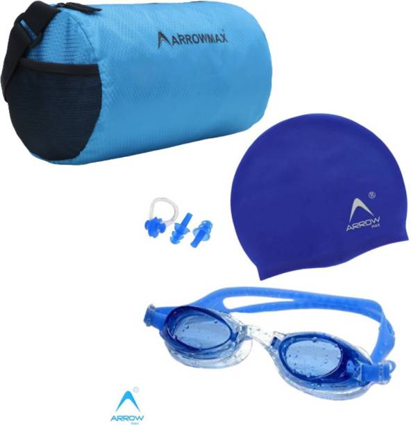 ArrowMax professional combo swimming kit with cap , earplug , goggles and a duffle bag bLUE Swimming Kit