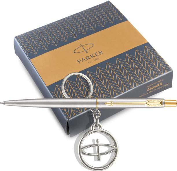 PARKER Classic Stainless Steel ball pen with Gold trim + Parker keychain Pen Gift Set