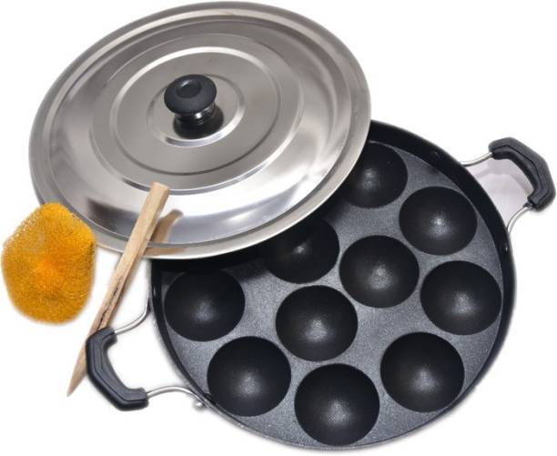 DTM Non-Stick Heavy Duty 12 Cavity Appam Patra Paniyarakkal Two Side Handle with Steel lid & Wooden Picker NA Pan 22 cm diameter with Lid 1 L capacity