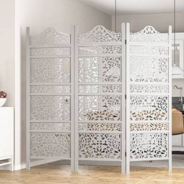 House of Pataudi Handcrafted 3 Panel Wooden MDF Room Partition & Room Divider (White) Solid Wood Decorative Screen Partition