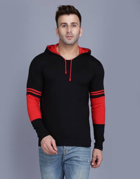 Men Solid Hooded Neck Cotton Blend Black T-Shirt Price in India