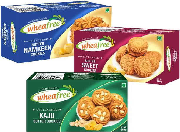 wheafree Gluten Free Biscuits Combo (Butter Sweet + Butter namkeen + Kaju Butter) (3*200gm Each) Cookies Biscuit