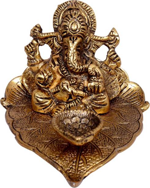 Vaah Ganesh Idol on Leaf Lord Ganesha Diya Hand Craved for Home Decorative Puja Gifts Aluminium Table Diya