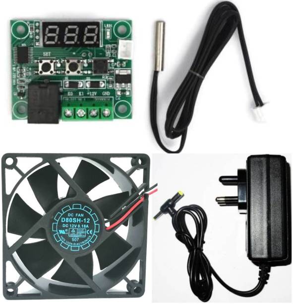 TechSupreme Combo for DIY Incubator W1209 12V DC Digital Temperature Controller Board with 12v 2amp charger and 3 inch fan Electronic Components Temperature Sensor and Controller Electronic Hobby Kit
