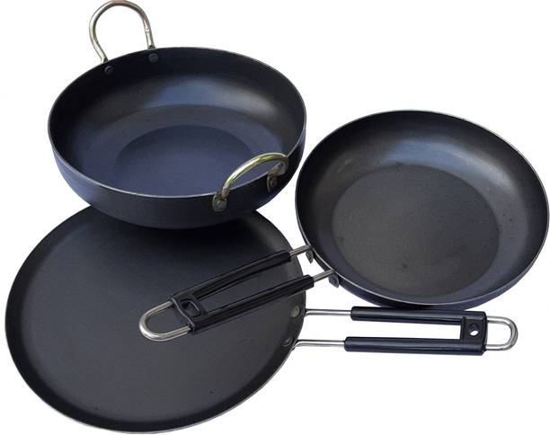 LooksGood INDIAN Iron cookware combo Dosa 25cm Dia + Fry Pan 23 cm+Kadahi 24 cm Cookware Set