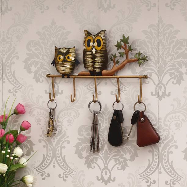 एक्राफ्टिंडिया Owl Theme Colorful Tribal Art 5 Hooks Iron Key Holder लोहा की होल्डर