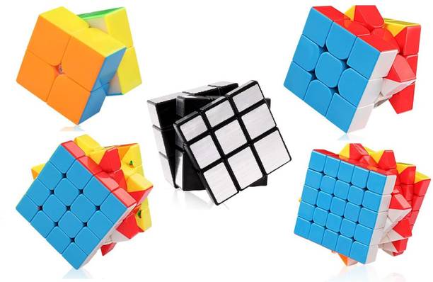 Authfort Speed Cube Bundle 2x2 3x3 4x4 5x5 & Stickered Silver Speed Cube Set Pack Brain Teaser Puzzle Toy Set of 5 cube combo