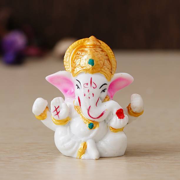 eCraftIndia White Lord Ganesha Idol with Golden Mukut Decorative Showpiece  -  6 cm