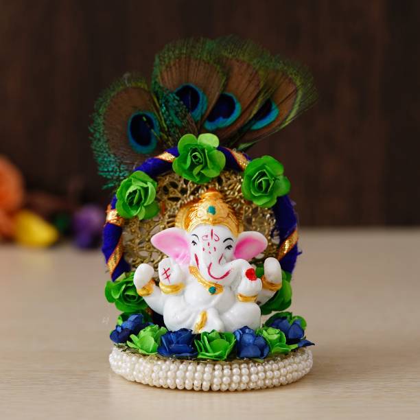 eCraftIndia Lord Ganesha Idol on Handcrafted Floral Plate with Peocock Feather Decorative Showpiece  -  13 cm