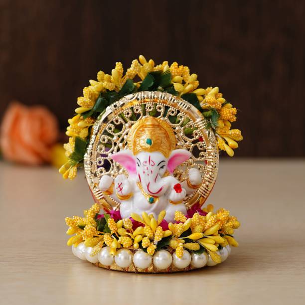 eCraftIndia Lord Ganesha Idol on Decorative Handcrafted Yellow Floral Plate for Home and Car Decorative Showpiece  -  12 cm