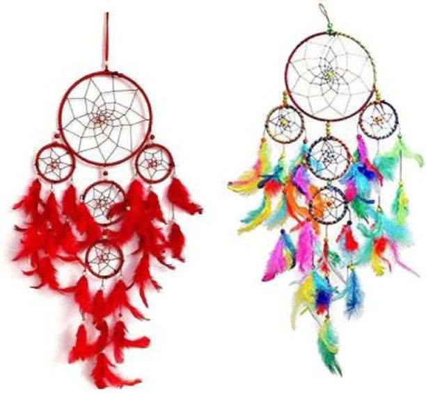 Tejash enterprises Dream Catcher Traditional Indian wall Art for Bedrooms, Home Wall, Hanging Design red and multicolor pack of 2 75 cm Feather Dream Catcher