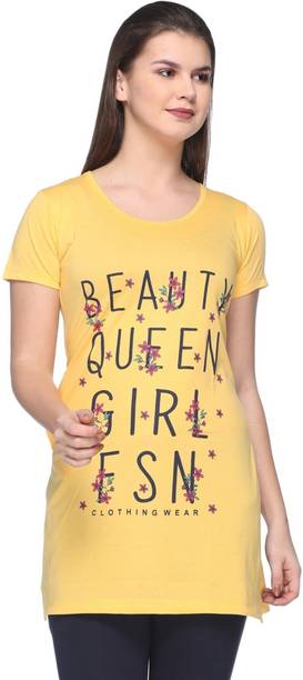 LPSD Women Printed Round Neck Cotton Blend Yellow T-Shirt