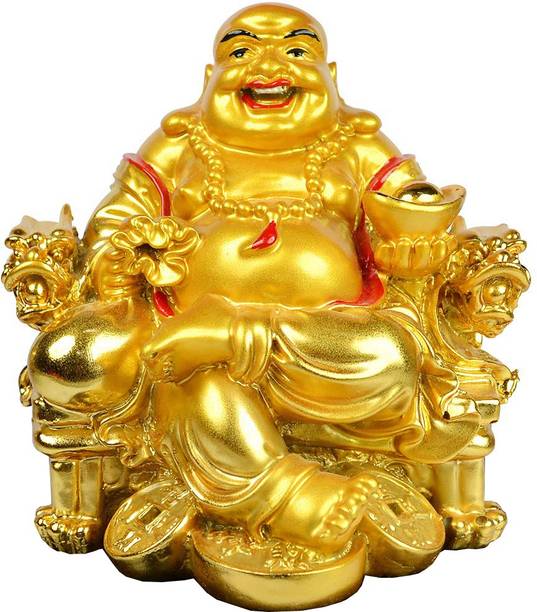 FOBHIYA Fengshui Laughing Buddha Sitting On Chair Ingot, Sitting Laughing Buddha with Money Coin Statue for Attracting Money Wealth Prosperity Financial Luck, Made in India Best for Gifting Decorative Showpiece  -  7 cm
