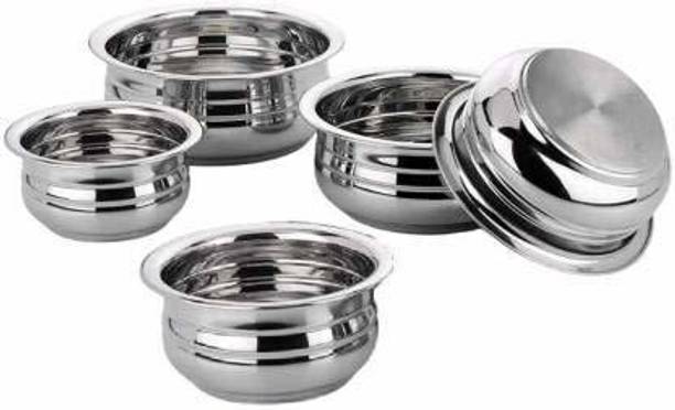 Nirvika Cookware set urli /biryani handi/tope/serveware/storeware steel handi set of 5 Piece 2.1 L, 1.6 L, 1.1 L, 0.8 L, 0.5 L (Gas and Induction compatible Stainless Steel, Non-stick) Cookware Set (Stainless Steel, 5 - Piece) कुकवेयर सेट