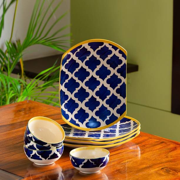 ExclusiveLane Pack of 8 Ceramic Hand-painted Dinner Plates With Katoris Dinner Set