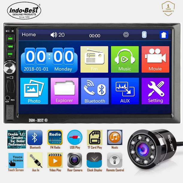 INDO-BEST IBDDBT2 New Edition Universal Model Heavy Duty Double Din Car Stereo and 8 LED High Definition Enhanced Night Vision Rear View Camera - Product Combo For All Car Brands and Models - 7" Full HD Touch Screen with Double IC and Heavy Chassis / Bluetooth / Mic Calling / Rear View Camera Support / Steering Control Support / Equaliser / Remote / FM / USB / AUX / SD Port Car Stereo