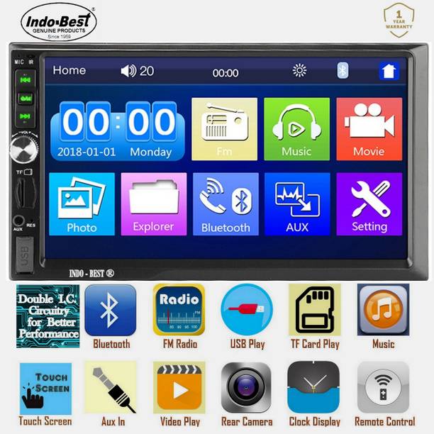 INDO-BEST IBDDBT2 New Edition Universal Model Heavy Duty Double Din Car Stereo For All Car Brands and Models - 7" Full HD Touch Screen with Double IC and Heavy Chassis / Bluetooth / Mic Calling / Rear View Camera Support / Steering Control Support / Equaliser / Remote / FM / USB / AUX / SD Port Car Stereo