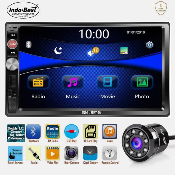 INDO-BEST IBDDBT1 New Edition Universal Model Heavy Duty Double Din Car Stereo and 8 LED High Definition Enhanced Night Vision Rear View Camera - Product Combo For All Car Brands and Models - 7" Full HD Touch Screen with Double IC and Heavy Chassis / Bluetooth / Mic Calling / Rear View Camera Support / Steering Control Support / Equaliser / Remote / FM / USB / AUX / SD Port Car Stereo