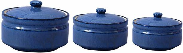 caffeine Ceramic Handmade Blue Glossy Serving Donga Casserole Pack of 3 Serve Casserole Set
