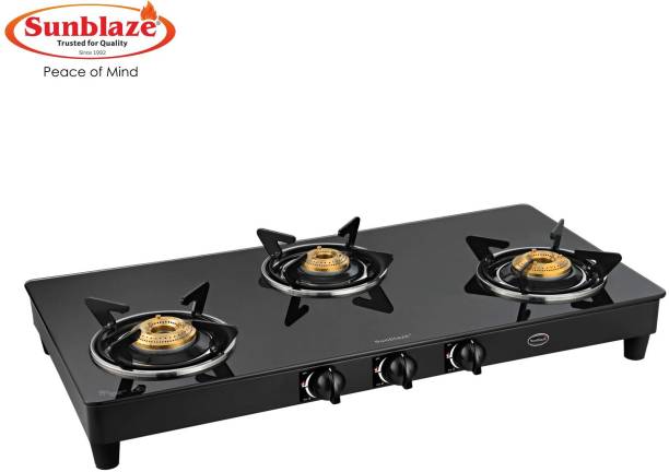 Sunblaze Prime BK Glass Top 3 Brass Burner Gas Stove Manual Ignition 2 Years Warranty Glass Manual Gas Stove