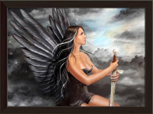 Artzfolio ArtzFolio Fantasy Black Angel Tabletop Painting Dark Brown Frame 10.8inch x 8inch (27.4cms x 20.3cms) Digital Reprint 8.5 inch x 11.3 inch Painting