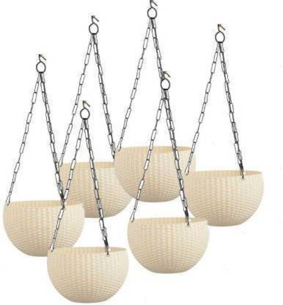 Ramanuj 8.26" Round 6 pcs Euro Flower Rattan Hanging Planter/Beautiful Round Gamla Pot/Flower Hanging Pot with chain for Garden Balcony and Terrace For Indoor/Outdoor Home Decor Pots Plant Container Set