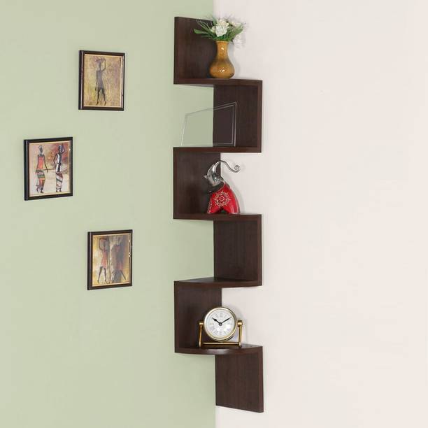 ARAINTEEL Zig Zag Corner Wall Mount Engineered Wood Shelf Unit Shelf Racks Book Shelf Wall Decorations with Curved Edges (Walnut Finish-BROWN) Wooden Wall Shelf