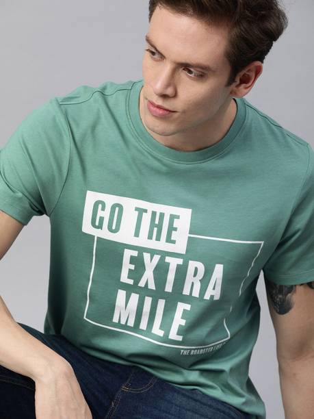 Roadster Men Printed Round Neck Pure Cotton Green T-Shirt