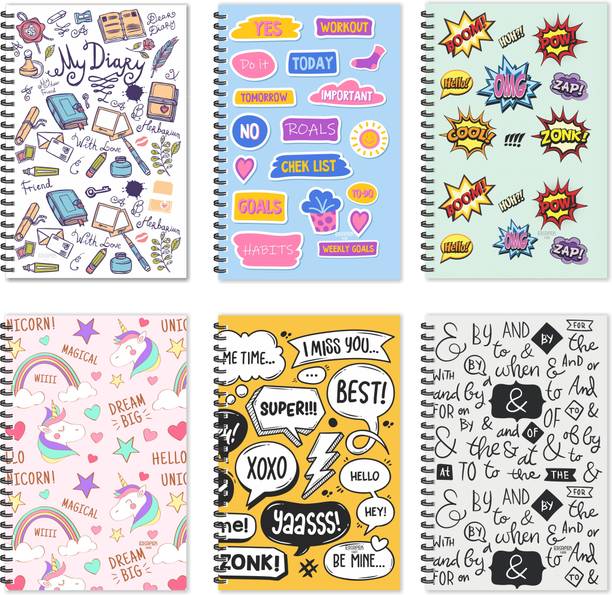 ESCAPER Designer Doodle Diaries - Jumbo Pack of 6 Diaries Doodle Pattern Diaries, Doodle Words Diaries, Combo Diaries Set A5 Diary Ruled 160 Pages
