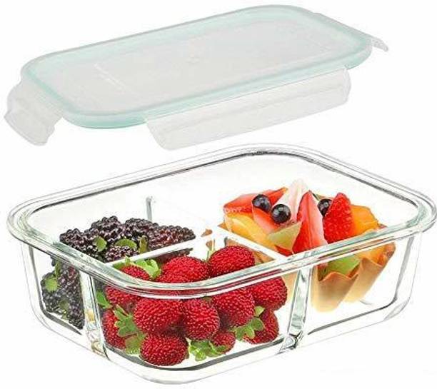 ट्रिप्टिवोस Borosilicate Standard Glass Lunch Box Microwave Oven Safe 3-Compartment Glass Storage Box with Leak Proof Airtight lid -1000ml(Transparent,Pack of 1) 1 कंटेनर लंच बॉक्स