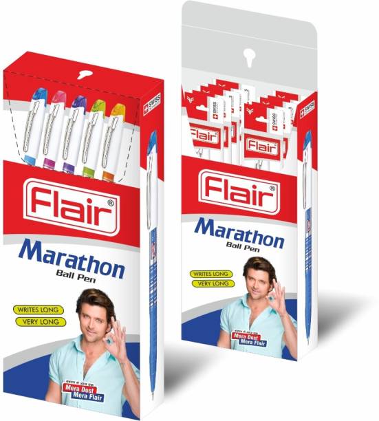 FLAIR Marathon 0.7 mm Ball Pen Box Pack | Sleek Body With Metal Clip | Smooth Writing Ball Pen