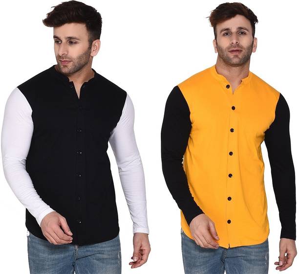 Money Leaf Men Color Block Casual White, Black, Yellow Shirt