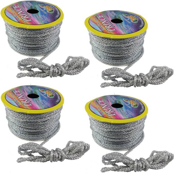 Utkarsh Set Of 4 (18 Mtr) Silver Resham Zari Twisted Fancy Thread Dori Lace for Tailoring/Sewing, Bead Art, Piping, Apparels, Wrapping, Handicrafts, Art Craft DIY Projects, Jewellery Making, Outlining, Fashion Designing, Boutique, Stitching, Alteration