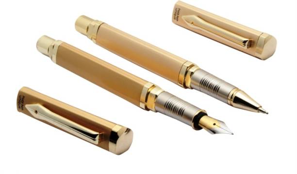 Ledos Set Of 2 Picasso 18 CT Gold Plated Fountain &amp; Ballpoint Pens Unique Triangular Body New Pen Gift Set