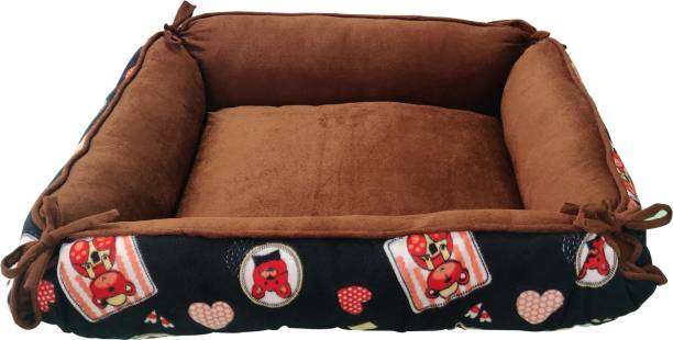 Dogerman Luxurious Durable Dual Colour cartoon Print Brown Velvet 2 in 1 Dog Cat Pet Bed Cushion (66 x 53 x 20 cms) Small S Pet Bed