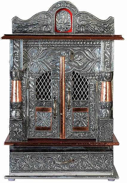 RS HANDICRAFT AND MARBLES Home Designs Wood Home Temple| Wooden Mandir for Pooja Home Decoration Wall Hanging Beautiful Wooden Plywood Temple | Aluminium Home temple with fine designs embossed on metal| (Silver_12 Inchx 17 Inch X 7 Inch) Metal Home Temple