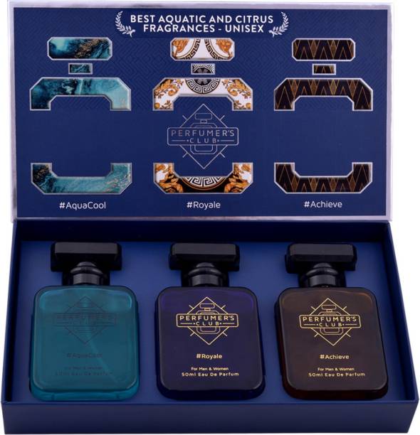 PERFUMERS CLUB "Best Fragrance for Unisex Aquatic and Citrus" Gift Set of 3 (AquaCool + Royale + Achieve) Upto 24 hrs lasting (Eau De Parfum) Eau de Parfum  -  150 ml