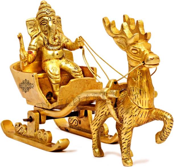 IndianArtVilla Brass Ganesh Ji Idol Miniature on Reindeer Sleigh, Showpiece Home Décor, Gold Decorative Showpiece  -  11.4 cm