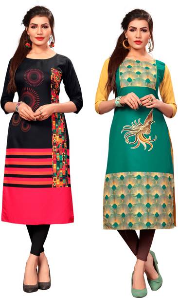 Pack of 2 Women Printed Crepe Straight Kurta Price in India