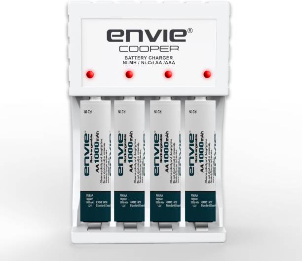 Envie Fast Charger ECR 20MC with Rechargeable Batteries | for AA & AAA Ni-Cd & Ni-mh Rechargeable Batteries with LED Indicator | Compatible with Power Banks | Car Charger | Laptop | Travel Adapter (ECR 20 MC+4xAA1000)  Camera Battery Charger