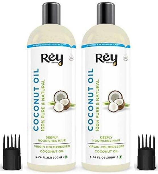 Rey Naturals Cold Pressed Coconut oil for hair and skin - 100% Pure & Natural (400ml) - (200ml x 2) Hair Oil