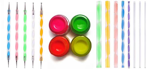 Definite Mandala Art Set - NEON COLORS (4 Shades - Neon Yellow, Neon Orange, Neon Pink and Neon Green); Pack of 5 DESIGNER DOTTING TOOL for Mandala Art, Clay and Nail Art; Pack of 8 DESIGNER MANDALA ART STICKS