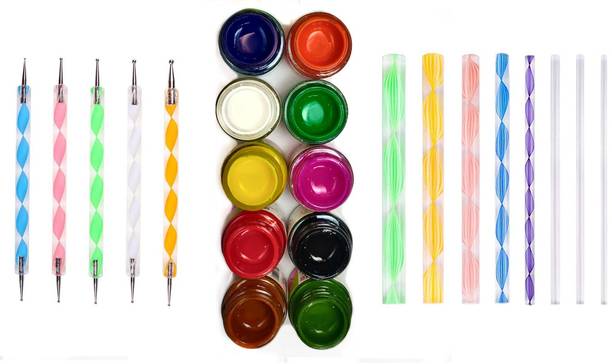 Definite Mandala Art Set - Acrylic Colour (10 Shades - Blue, Sienna, White, Black, Sap Green, Light Green, Purple, Crimson, Yellow, Orange); Pack of 5 Designer Dotting Tool for Mandala Art, Clay and Nail Art; Pack of 8 Designer Mandala Art Sticks